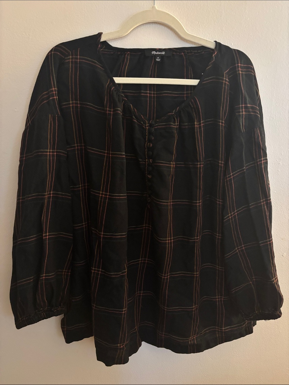 Madewell Black Plaid Button-Front Peasant Top